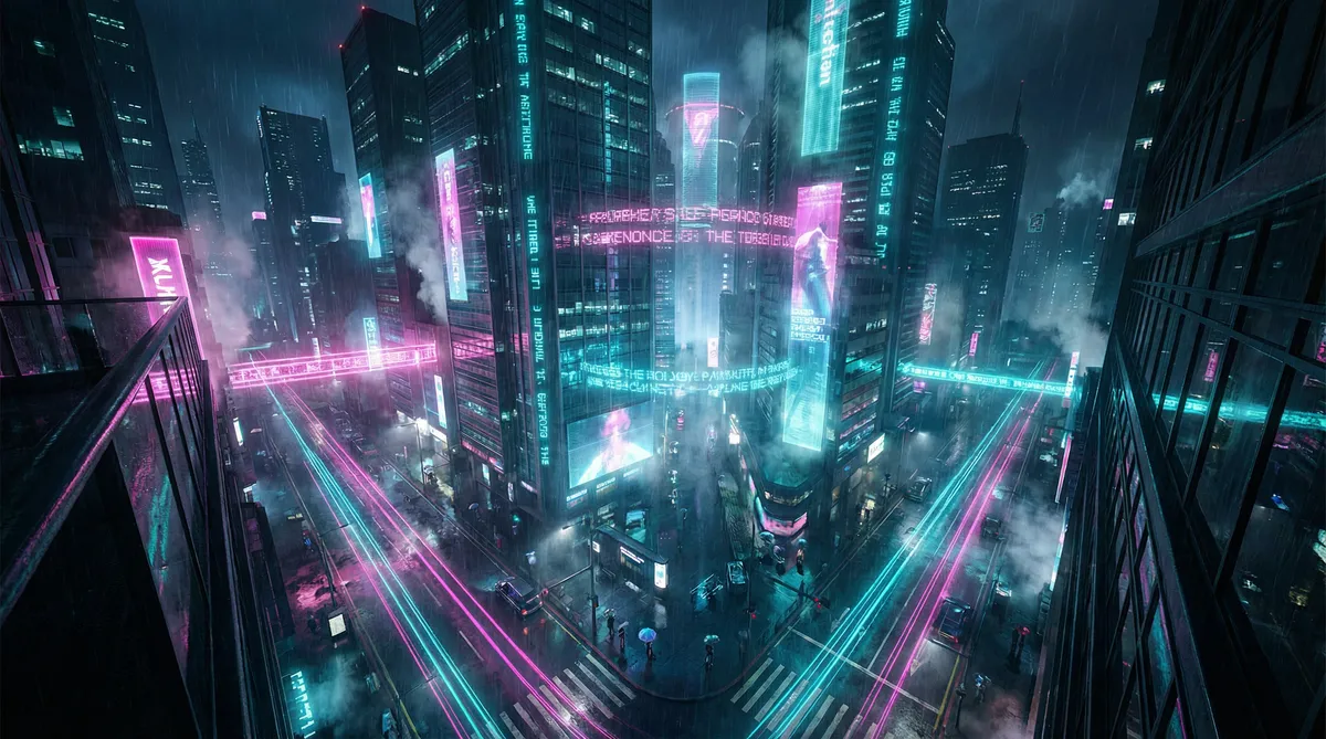 射雕英雄传古天乐 竖屏短剧平台首页背景 - 赛博朋克都市夜景